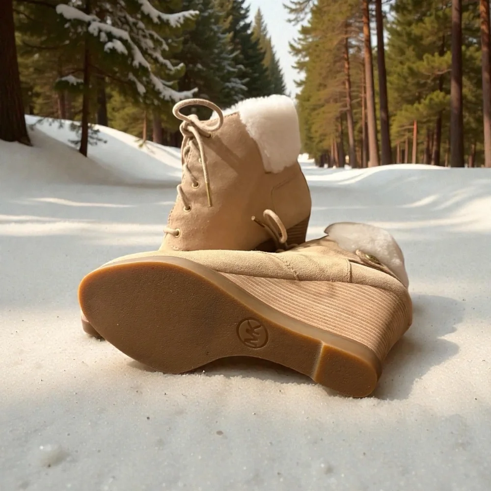 Michael Kors Carrigan Shearling Tan Suede Leather Women's Wedge Ankle Boots